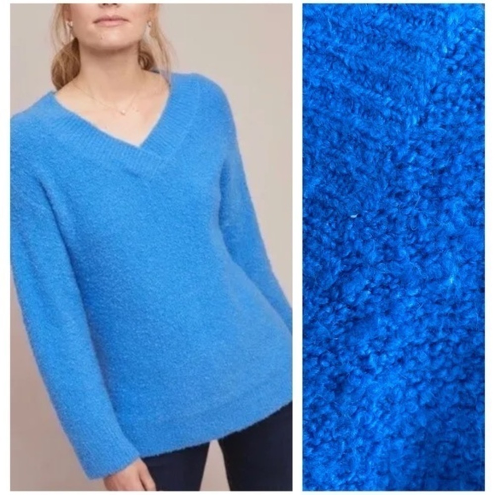 Anthropologie Blue Clayton V-neck Merino Wool Alpaca Blend Fuzzy Sweater